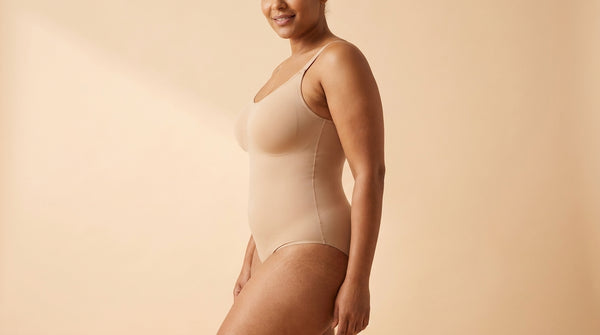 Confident woman wearing Leishape shapewear bodysuit, side profile, soft peach studio background