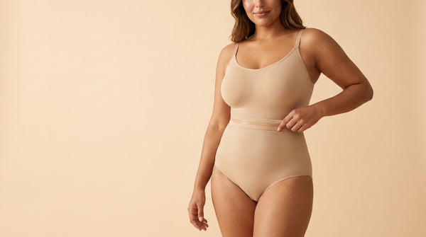 Woman in nude high-waist Leishape shapewear bodysuit adjusting the silicone anti-roll band at her waist, soft peach studio backdrop