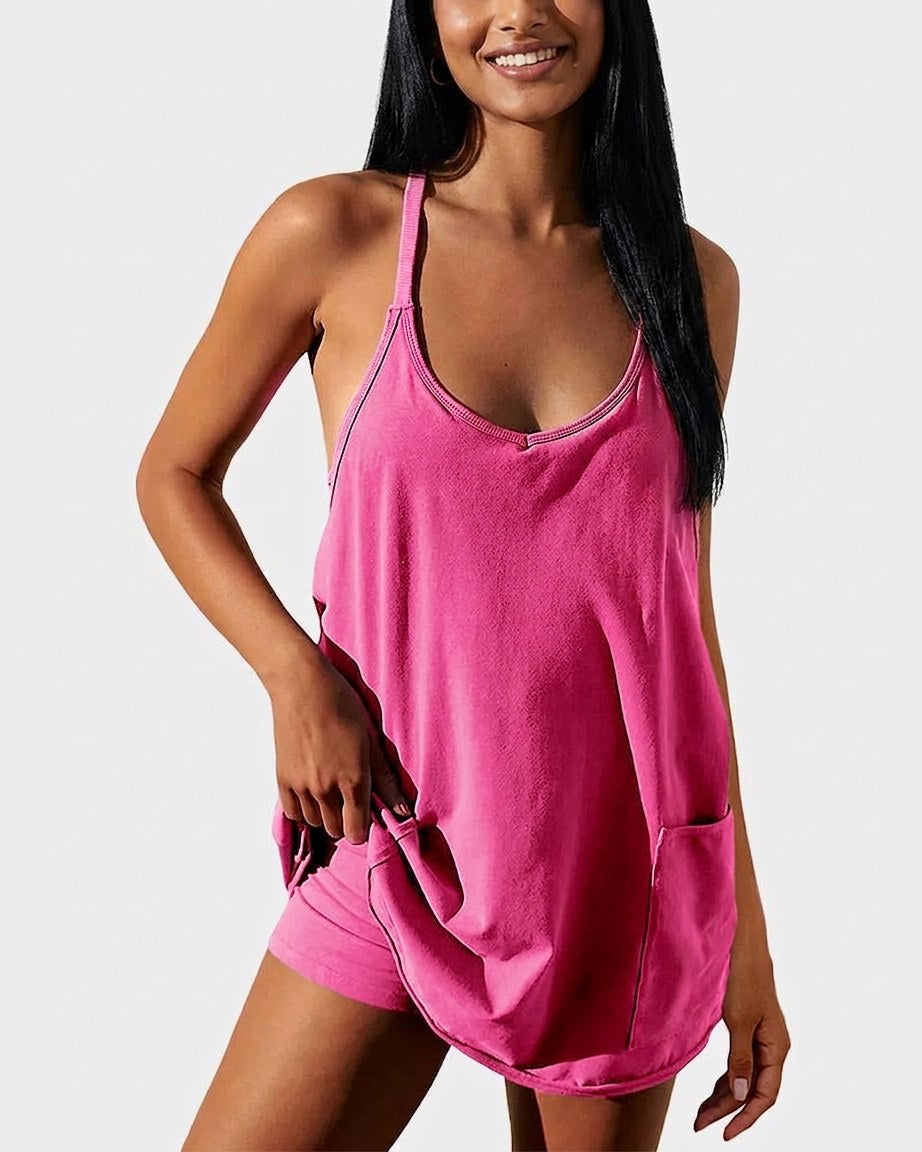 2-in-1 Lounge Romper Dress-rosered