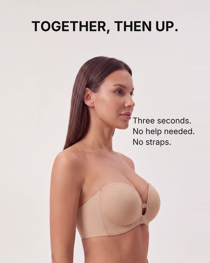 Woman wearing the beige strapless front closure bra with the lift it gives