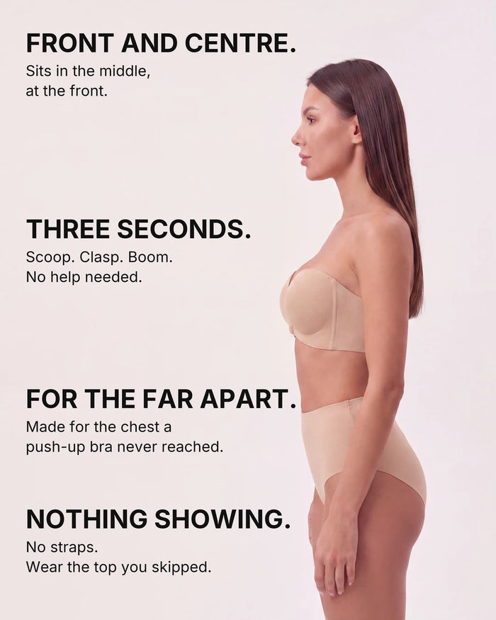 Side view of the strapless front closure bra with its four main benefits