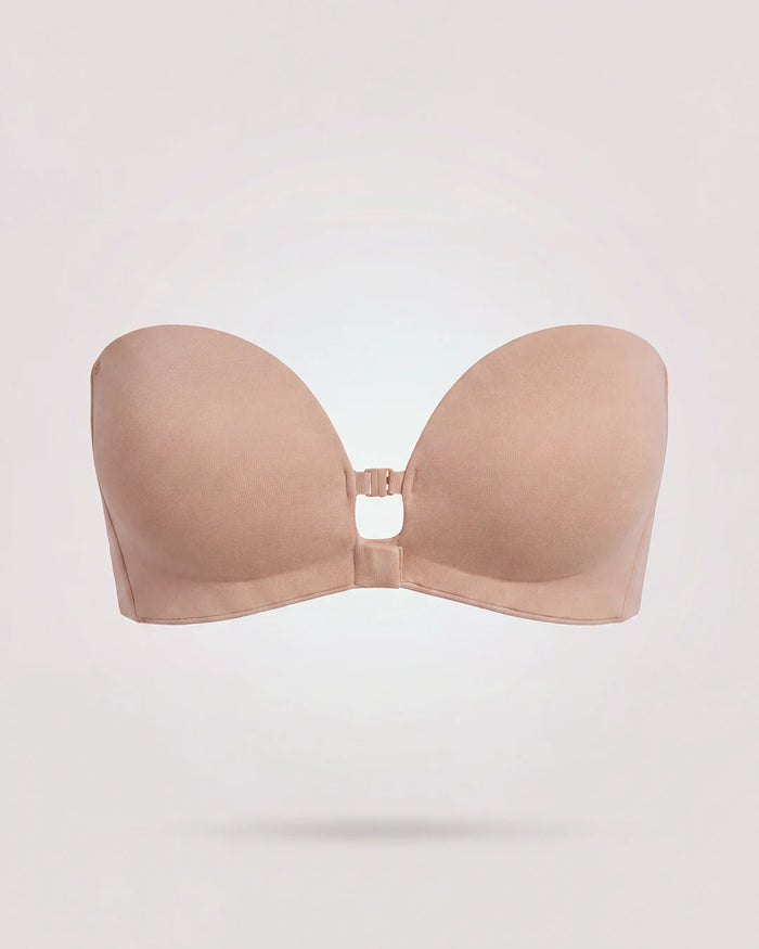 The strapless front closure bra in beige, front product shot