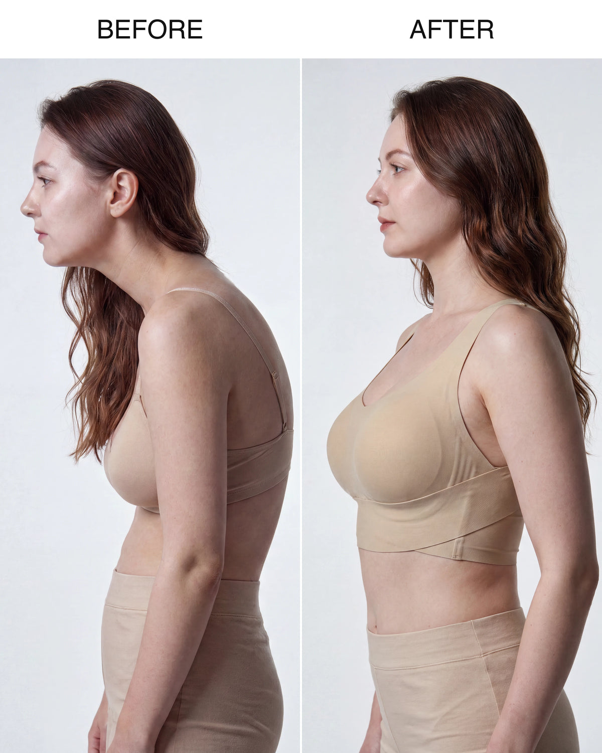 Before and after: slouched in a normal bra vs standing tall in the cross-back posture bra